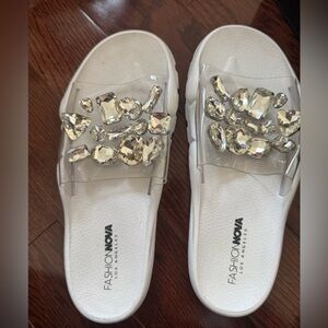 Fashion Nova White Crystal Embellished Slides | Size 9 | NIB